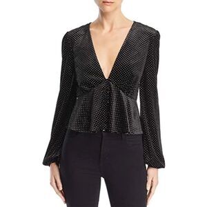 Lost + Wander Low-Cut Black Velvet Galaxy Long Sleeve Top w Gold Polkadots SZ S